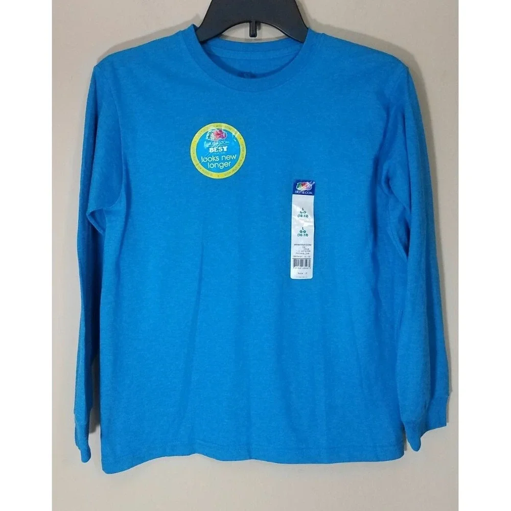 2-Fruit of the Loom Long Sleeve Crew Shirts Boys L (10-12) Blue Tees Cotton‎ NEW